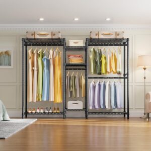 LITTLE TREE Free Standing Wood Closet Clothes Rack,Heavy Duty Grament Rack with Shelves
